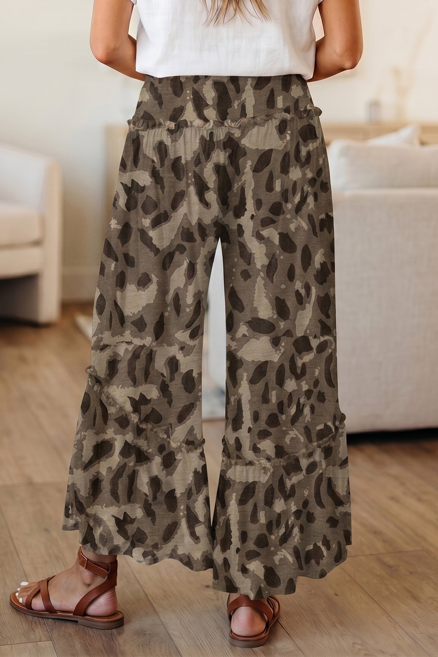 Beige Camo Print Wide Leg Casual Pants