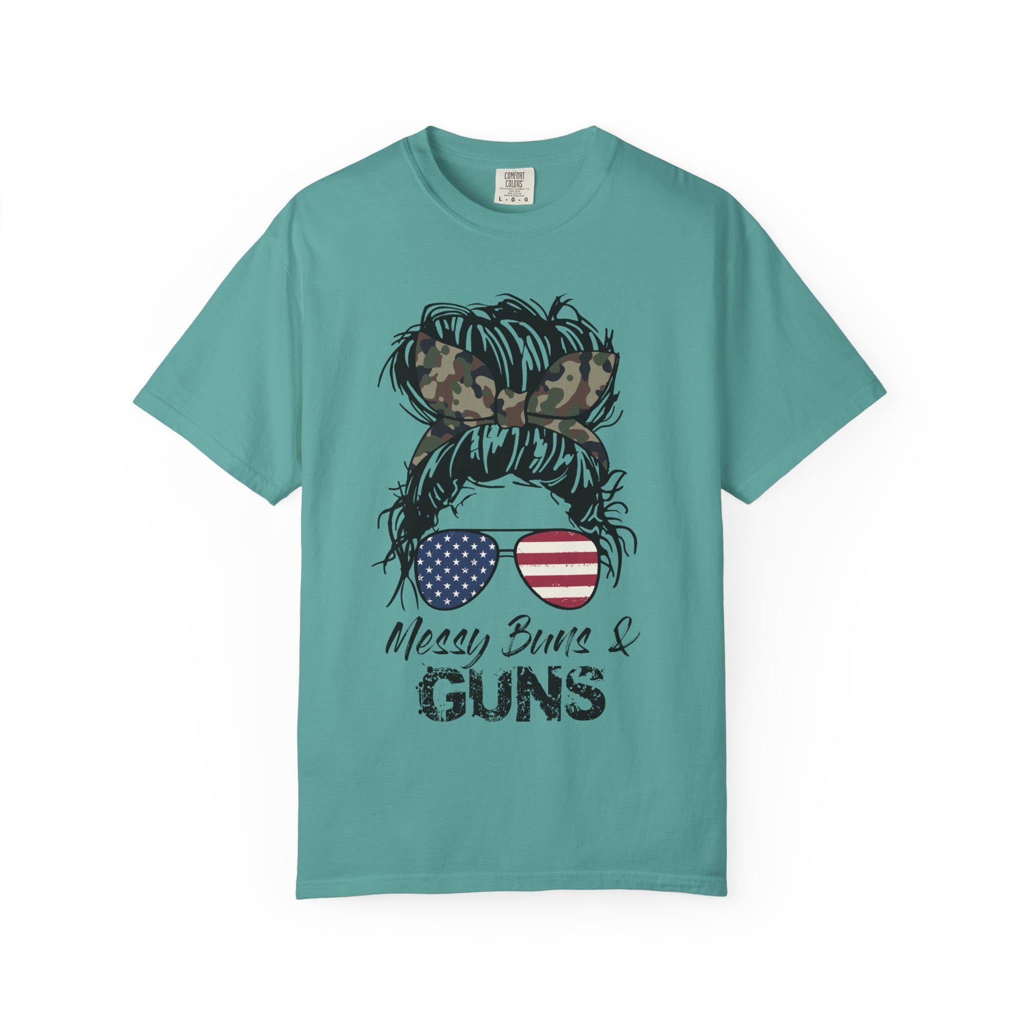 Messy Bun & Guns T-shirt | American Flag Sunglasses, Camo Hair Bow