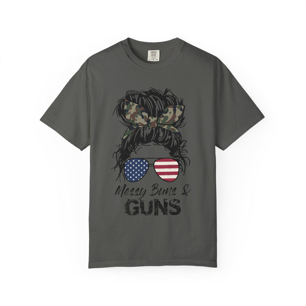 Messy Bun & Guns T-shirt | American Flag Sunglasses, Camo Hair Bow