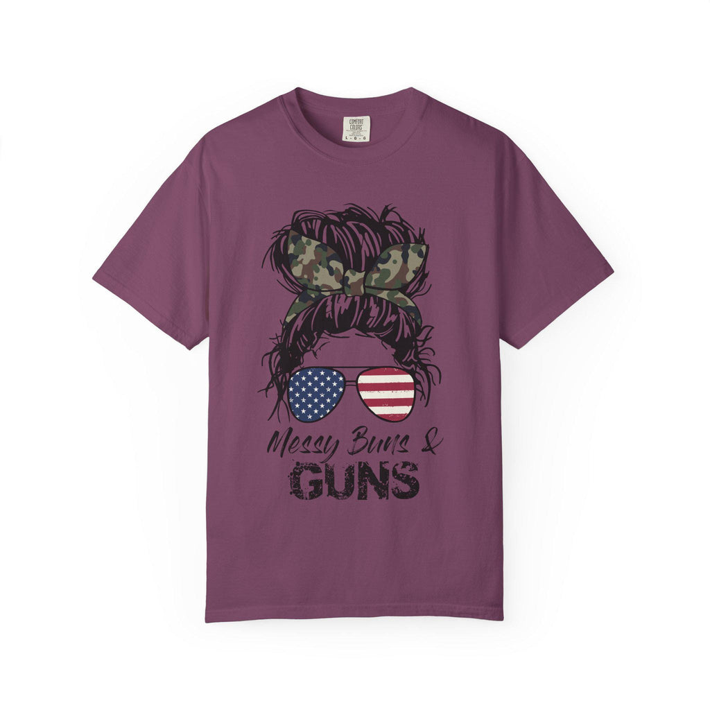 Messy Bun & Guns T-shirt | American Flag Sunglasses, Camo Hair Bow