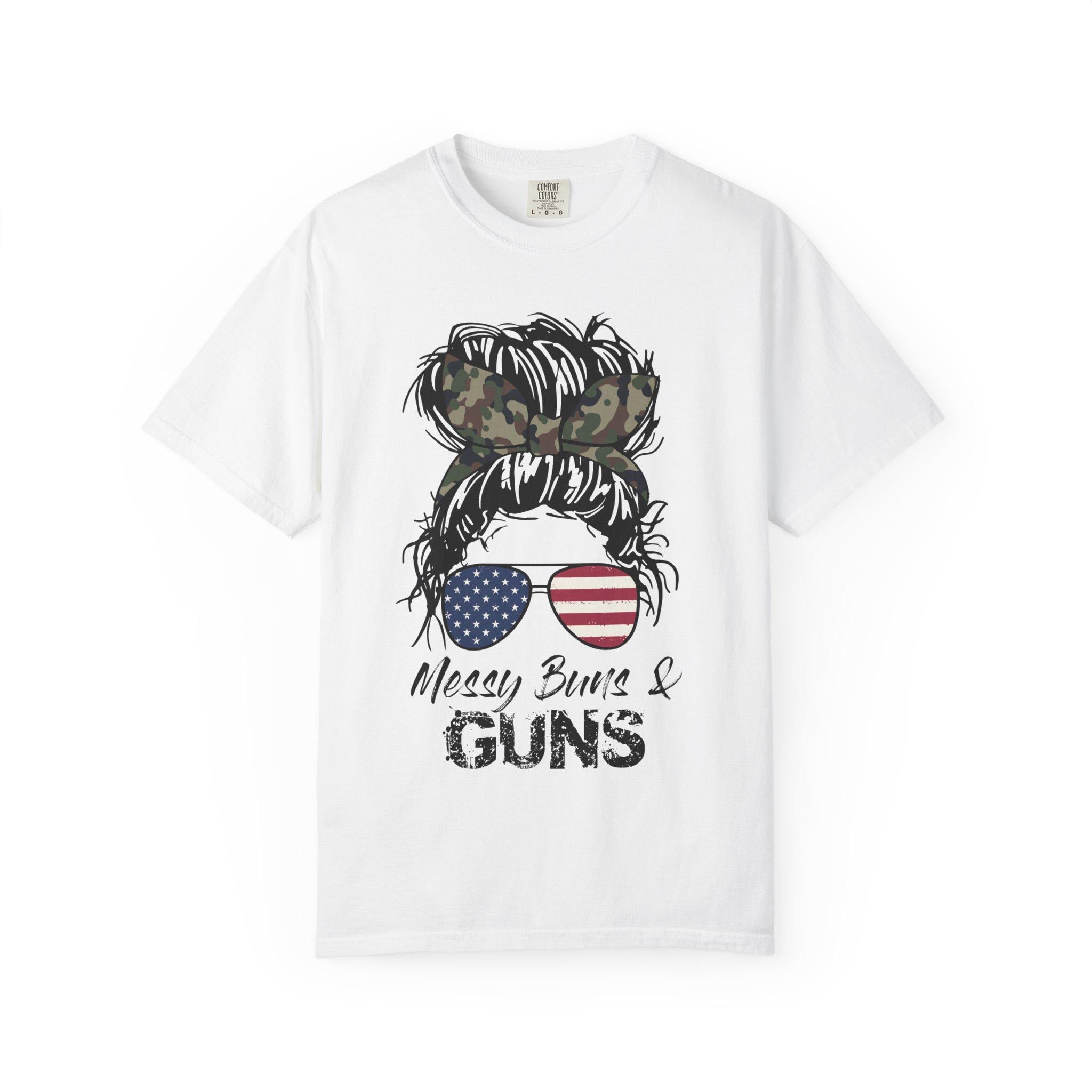 Messy Bun & Guns T-shirt | American Flag Sunglasses, Camo Hair Bow