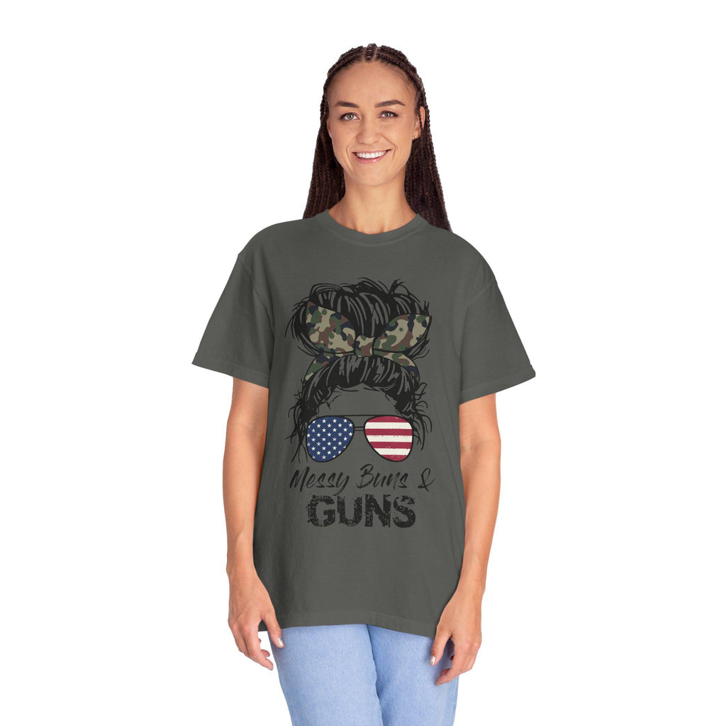 Messy Bun & Guns T-shirt | American Flag Sunglasses, Camo Hair Bow