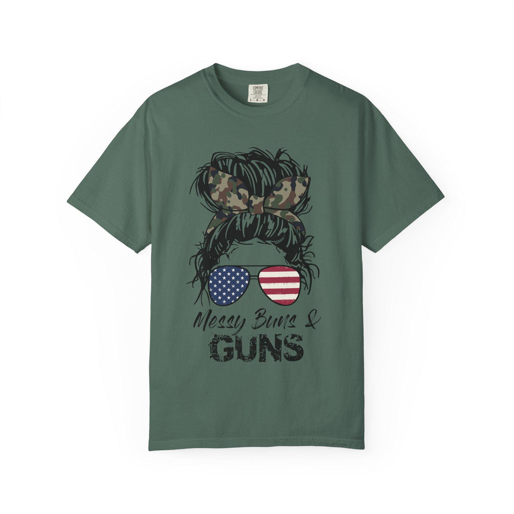 Messy Bun & Guns T-shirt | American Flag Sunglasses, Camo Hair Bow