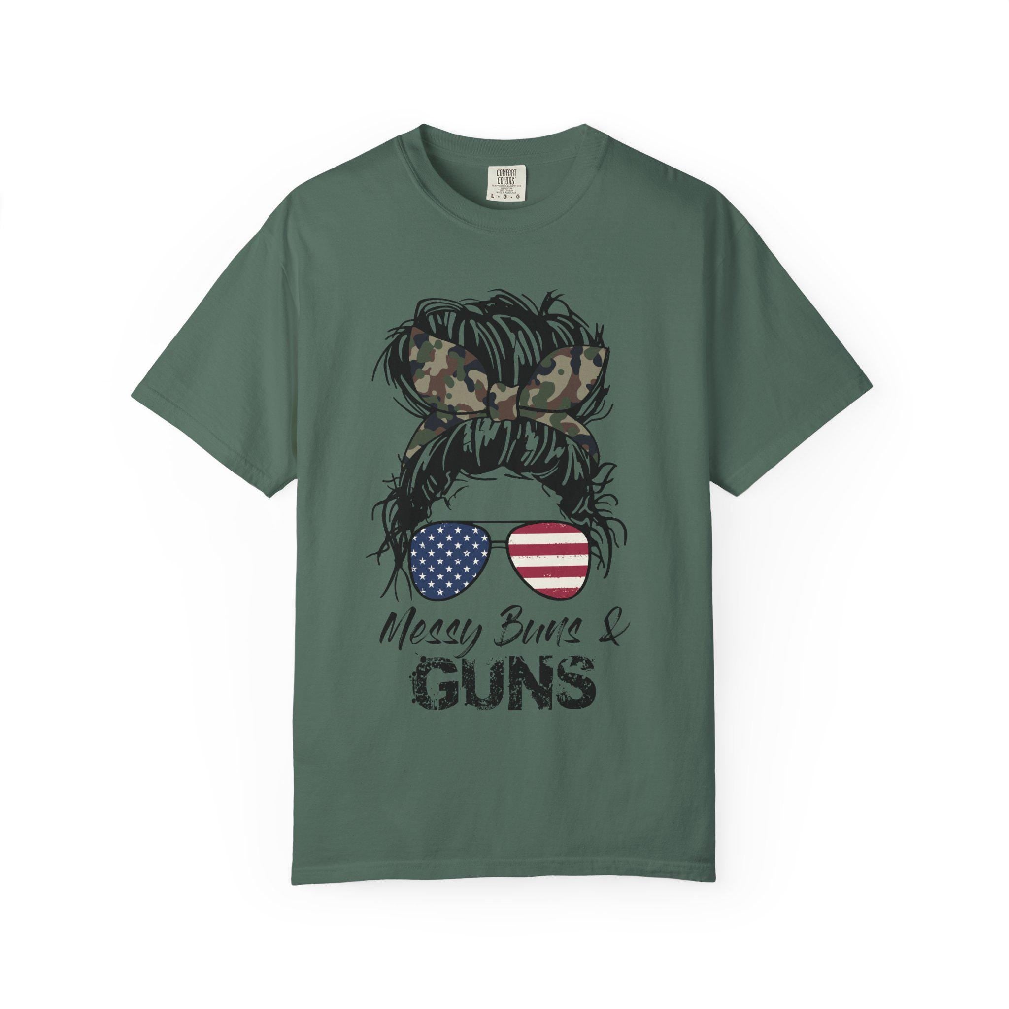 Messy Bun & Guns T-shirt | American Flag Sunglasses, Camo Hair Bow